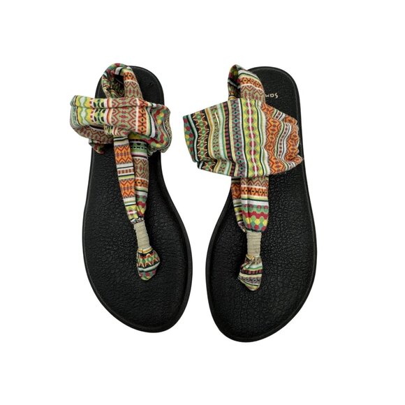 Sanuk Yoga Sling 2 Flip Flop Sandals Women's 8 Black Natural Koa Tribal Beach - Picture 2 of 9